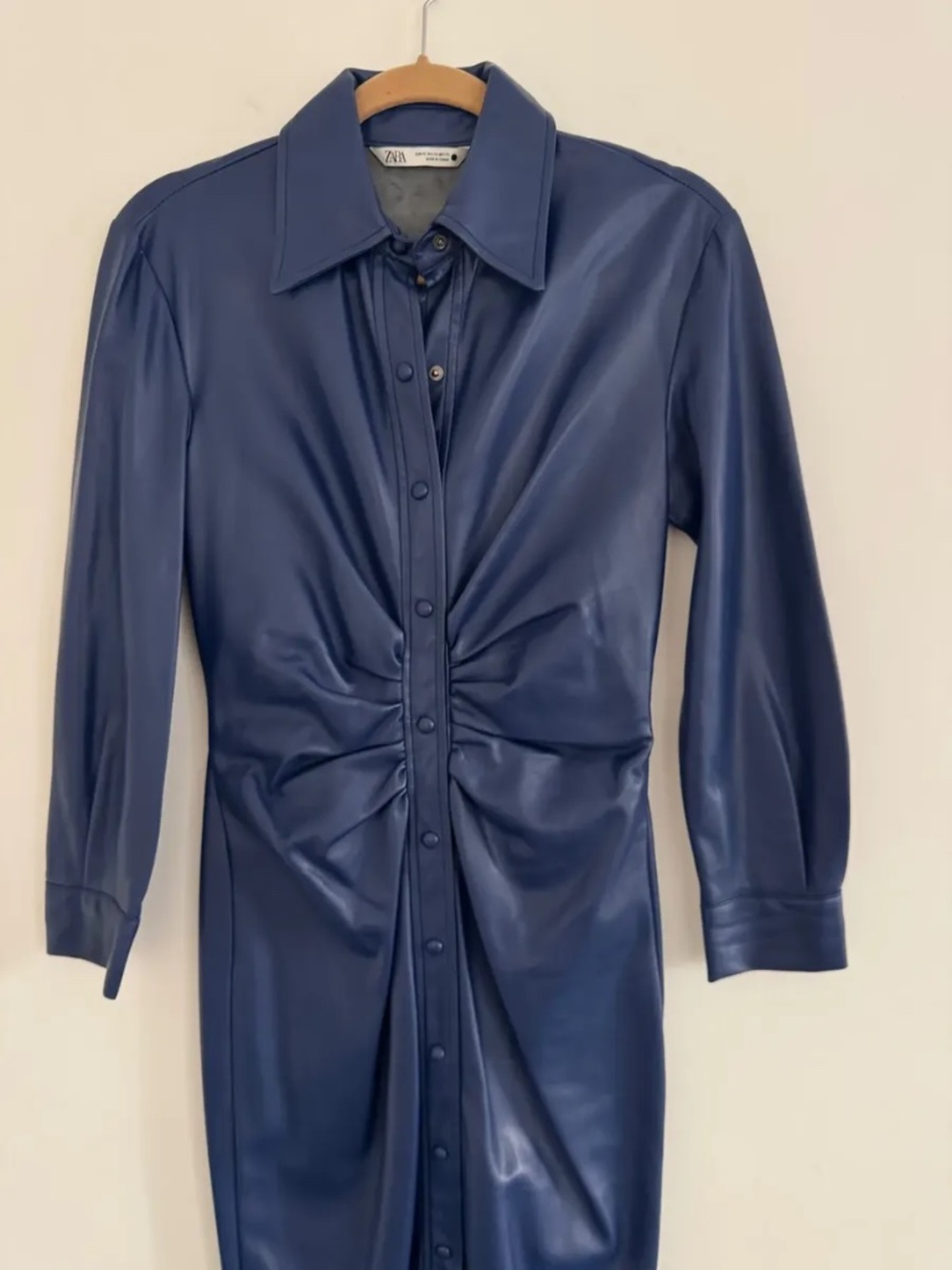 NWT Zara Faux Leather Blue Ruched Shirt Dress, Size M - Picture 6 of 9